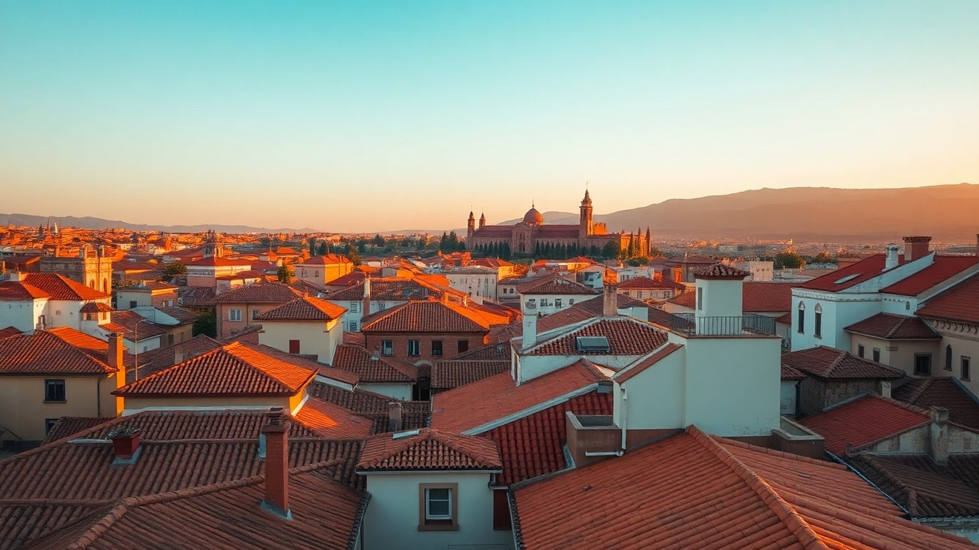 Aerial view of Granada rooftops at golden hour with the Alhambra in the distance