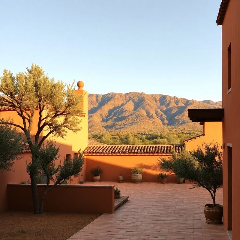 Rural Granada cortijo with ochre walls and olive trees against the Sierra Nevada