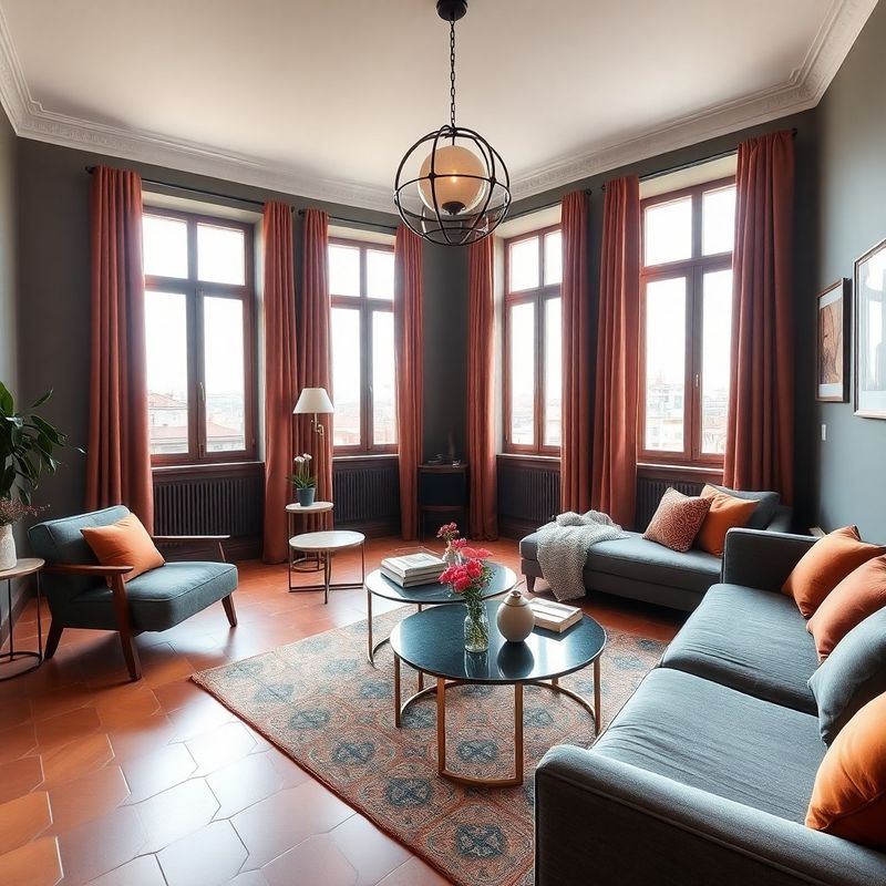 Living room of a boutique Granada city apartment with curated furniture and city views
