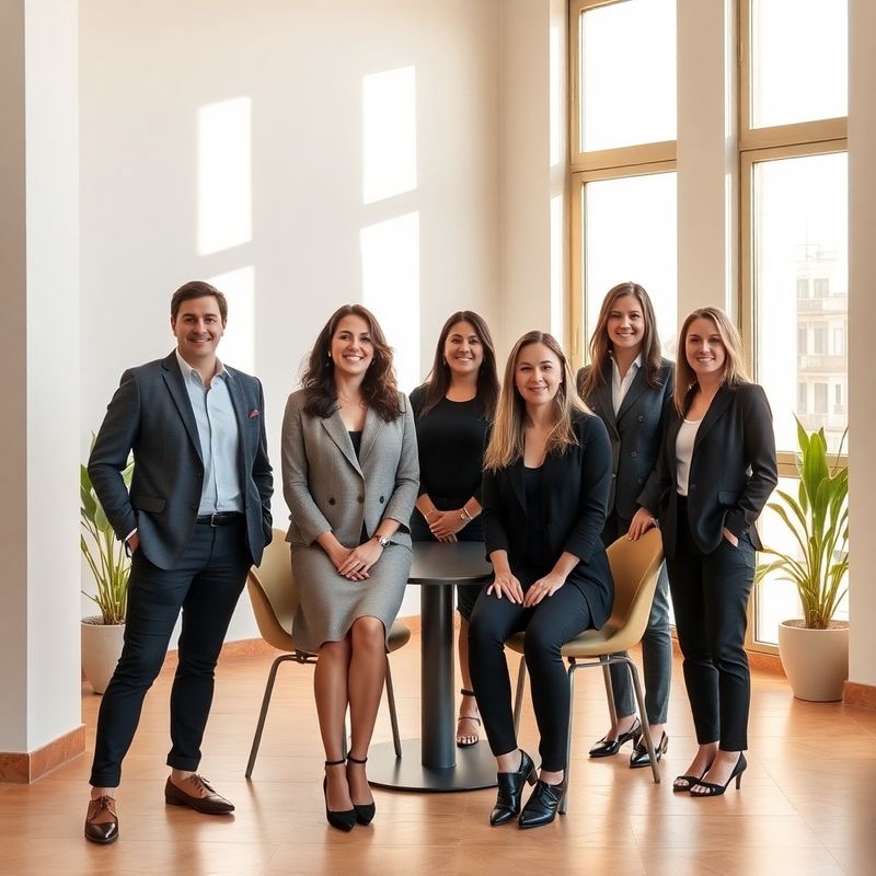 Small professional real estate team in a minimalist Granada office interior with natural light
